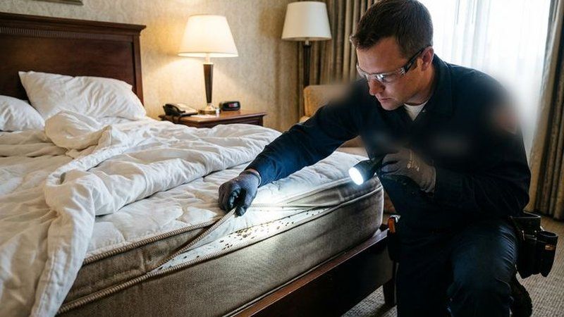Inspección técnica de chinches de cama en dormitorio de hotel