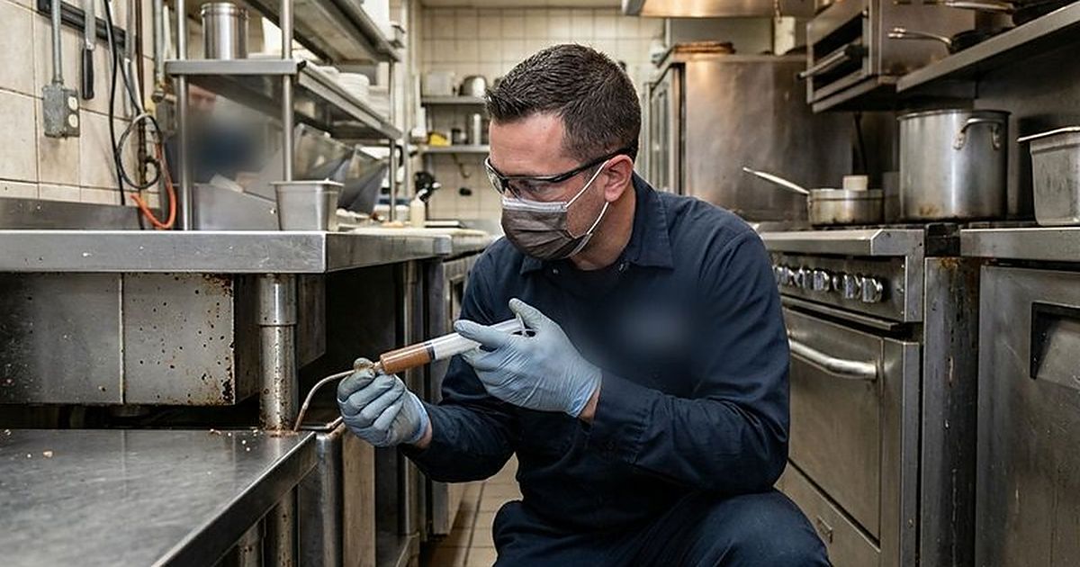 Técnico aplicando gel cebo contra cucarachas en una cocina