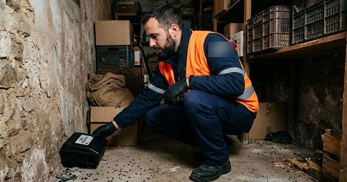 Técnico colocando un portacebos de seguridad en un almacén