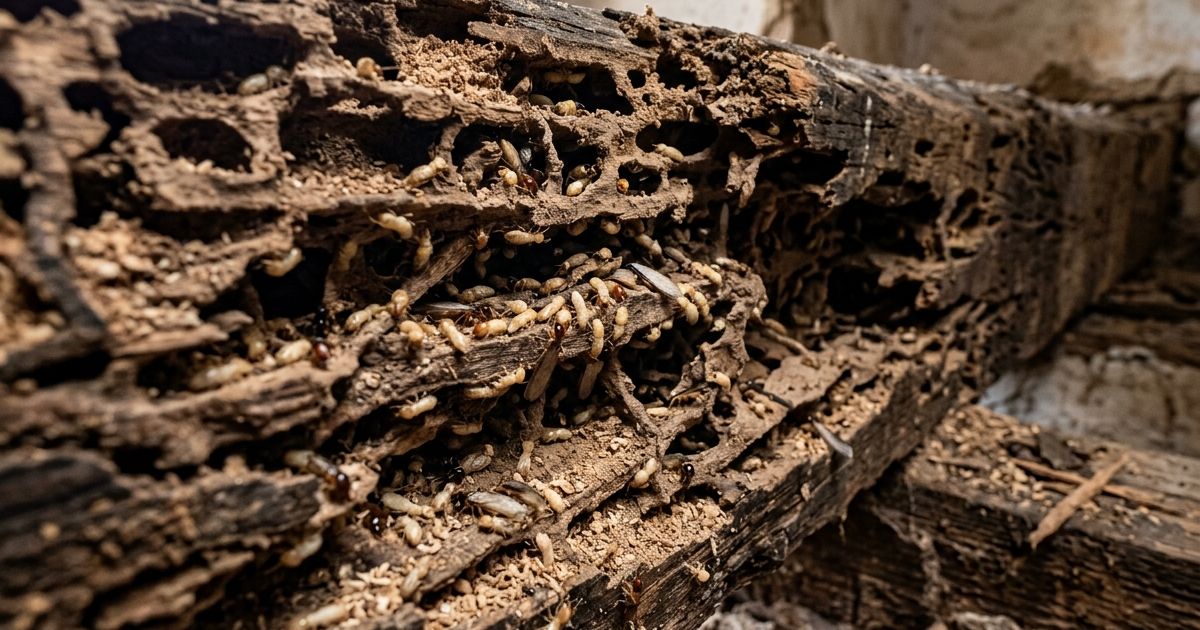 Madera interior destruida por termitas subterráneas