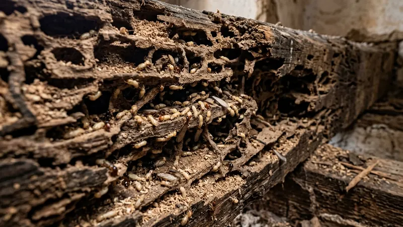 Madera interior destruida por termitas subterráneas