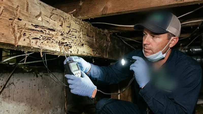 Técnico valorando con linterna una viga de madera antes de presupuestar