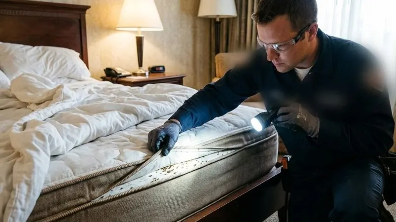 Técnico revisando con linterna un colchón en busca de chinches