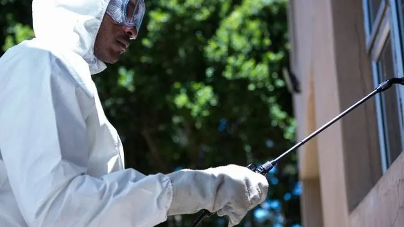 Técnico con EPI tratando junto al arbolado de una vivienda