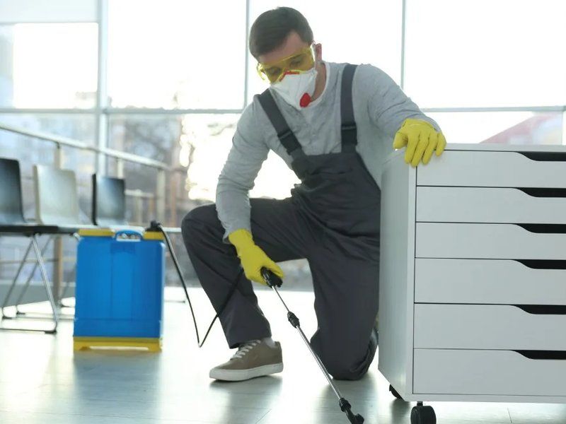 Técnico con mascarilla y guantes aplicando un tratamiento localizado junto a una cajonera