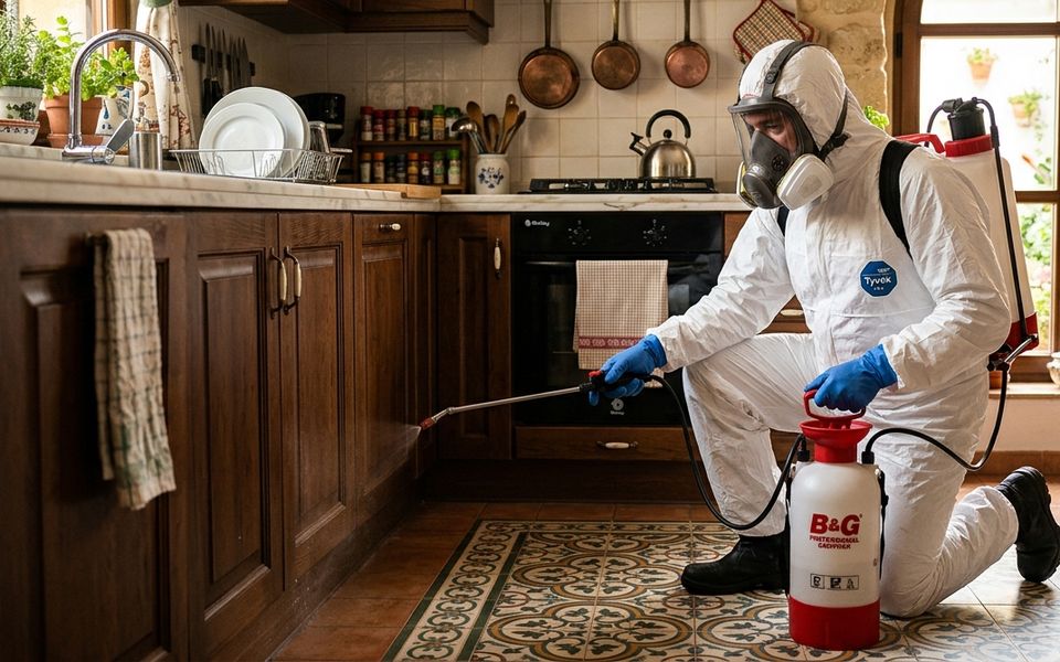 Técnico con EPI pulverizando el zócalo de una cocina en la primera visita urgente