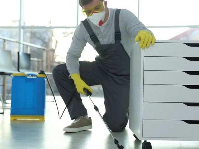 Técnico con mascarilla tratando con pulverizador los muebles próximos a la cama