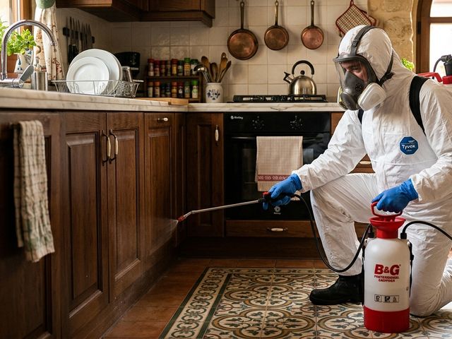 Técnico con EPI aplicando tratamiento en los zócalos de una cocina doméstica