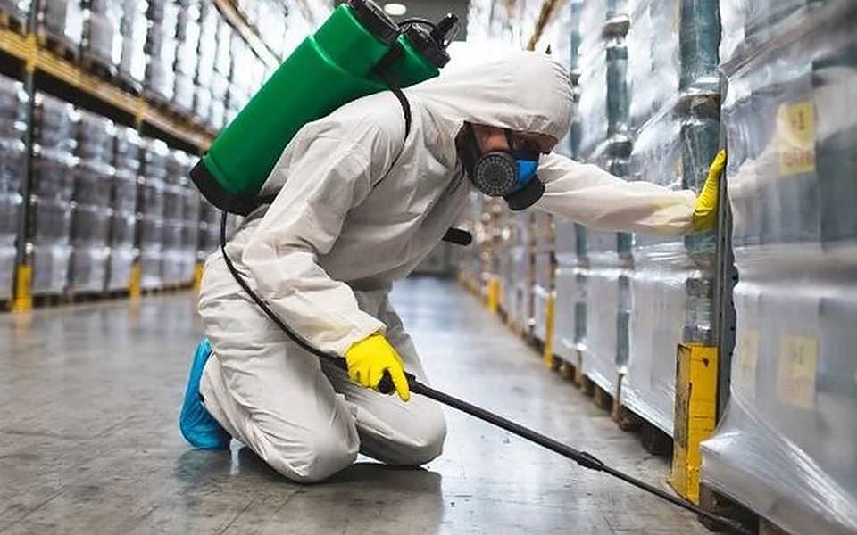 Técnico con máscara y pulverizador de mochila limpiando depósitos de acero inoxidable